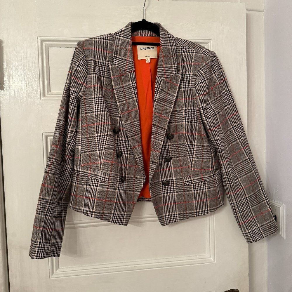 L'AGENCE Brooke Double Breasted Plaid Blazer in Brown Black Multi - Picture 5 of 12